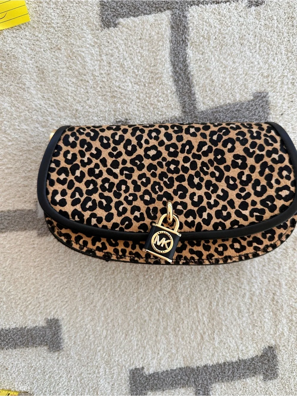 Michael Kors Leopard Print Crossbody in Tan and Black with Gold Lock